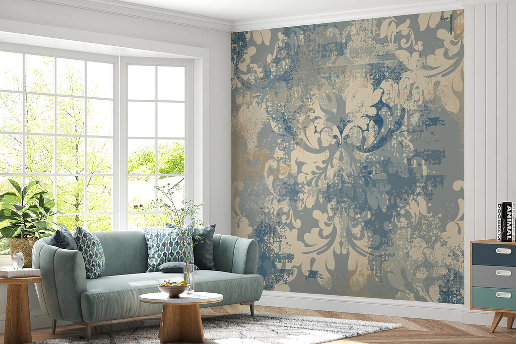 Verweerde ornamenten op blauwgrijs — interieur 2