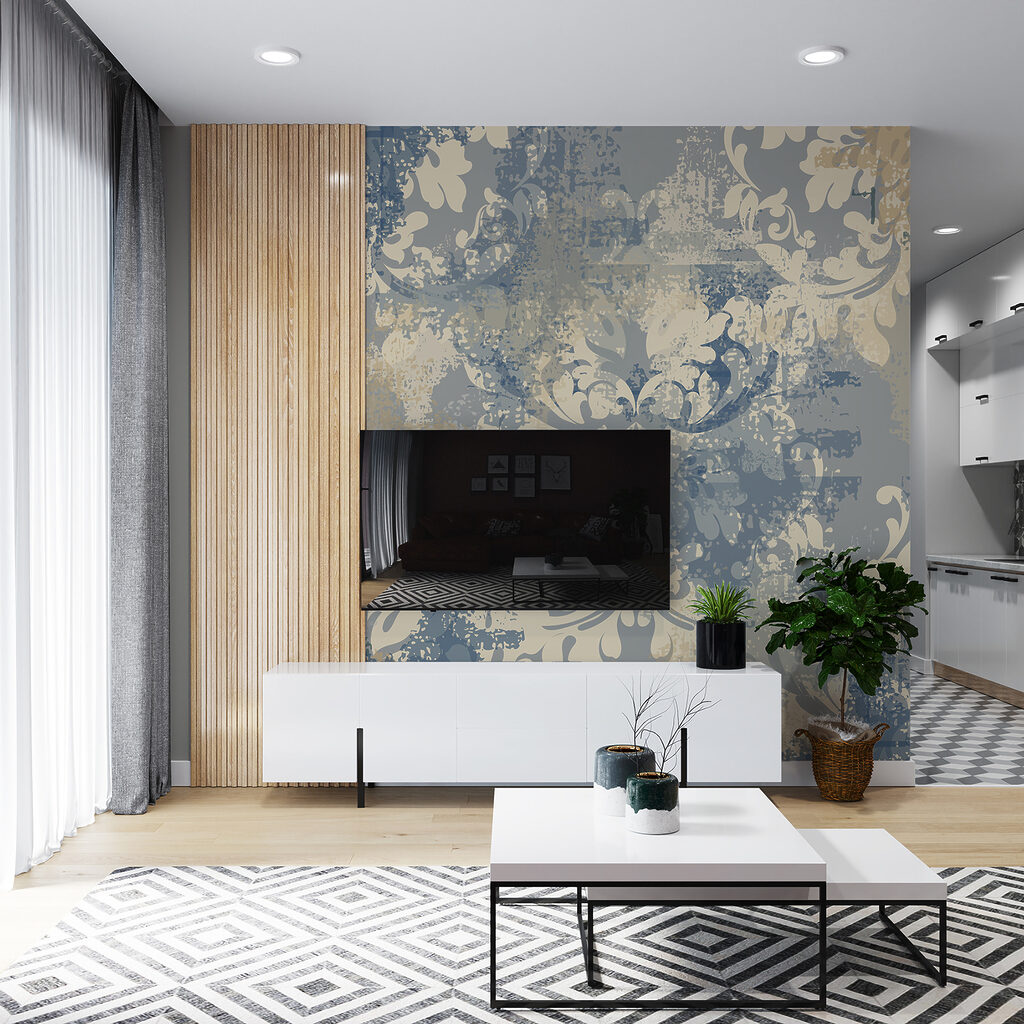 Verweerde ornamenten op blauwgrijs — interieur 3