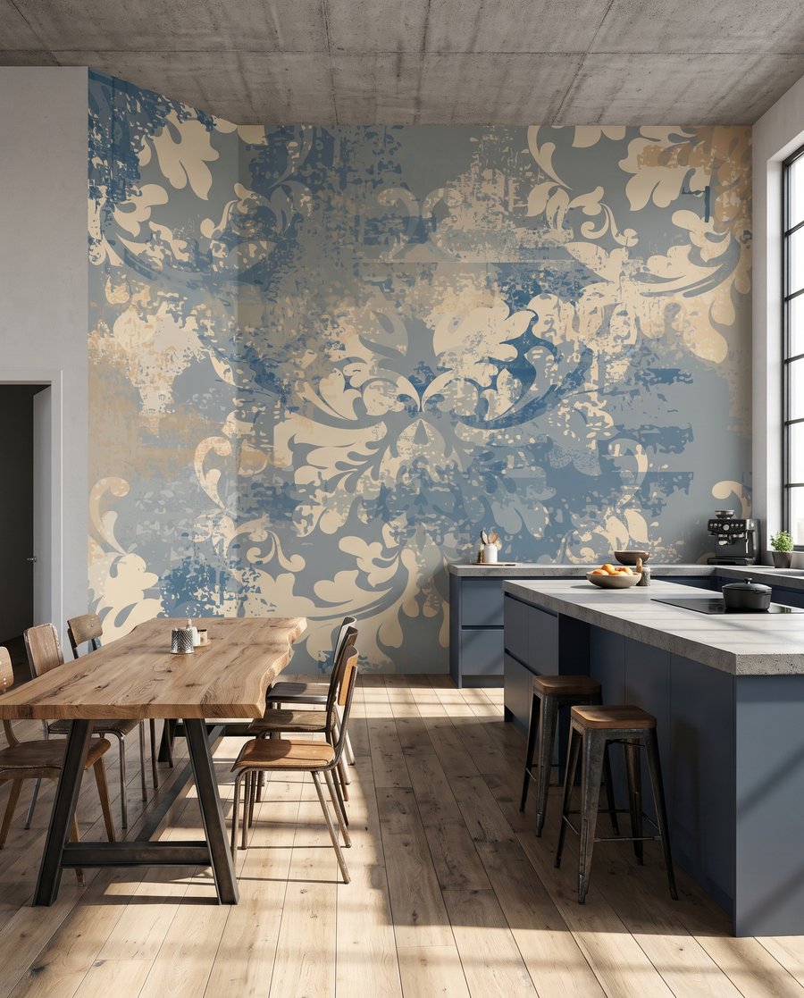 Verweerde ornamenten op blauwgrijs in een interieur