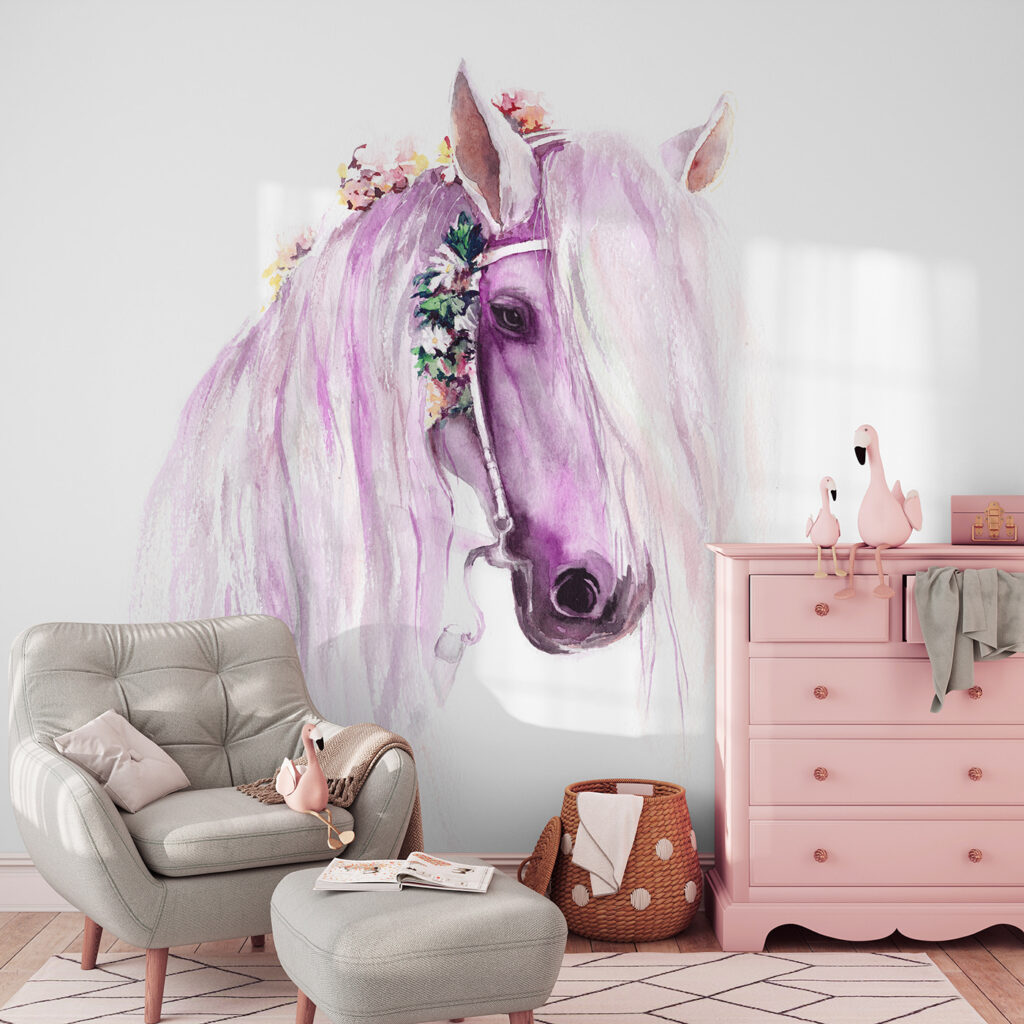 Een aquarel van een paard in een interieur