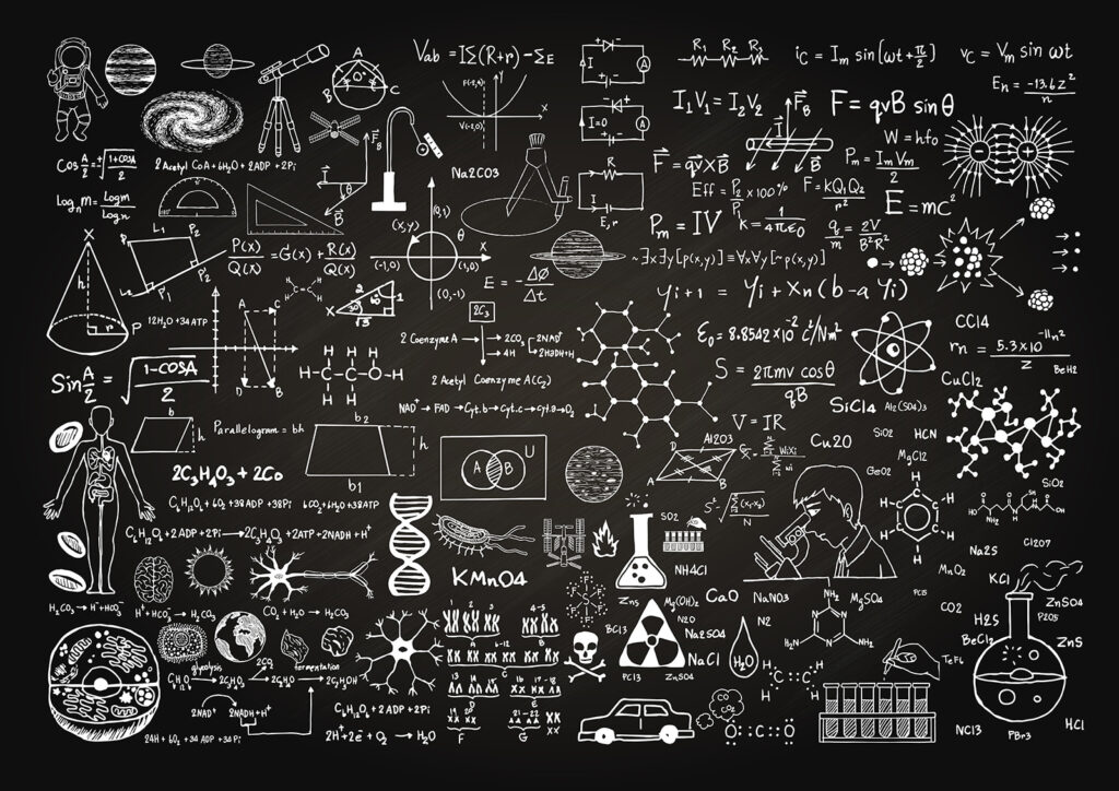 Schoolbord met wiskundesymbolen en -formules — volledig ontwerp