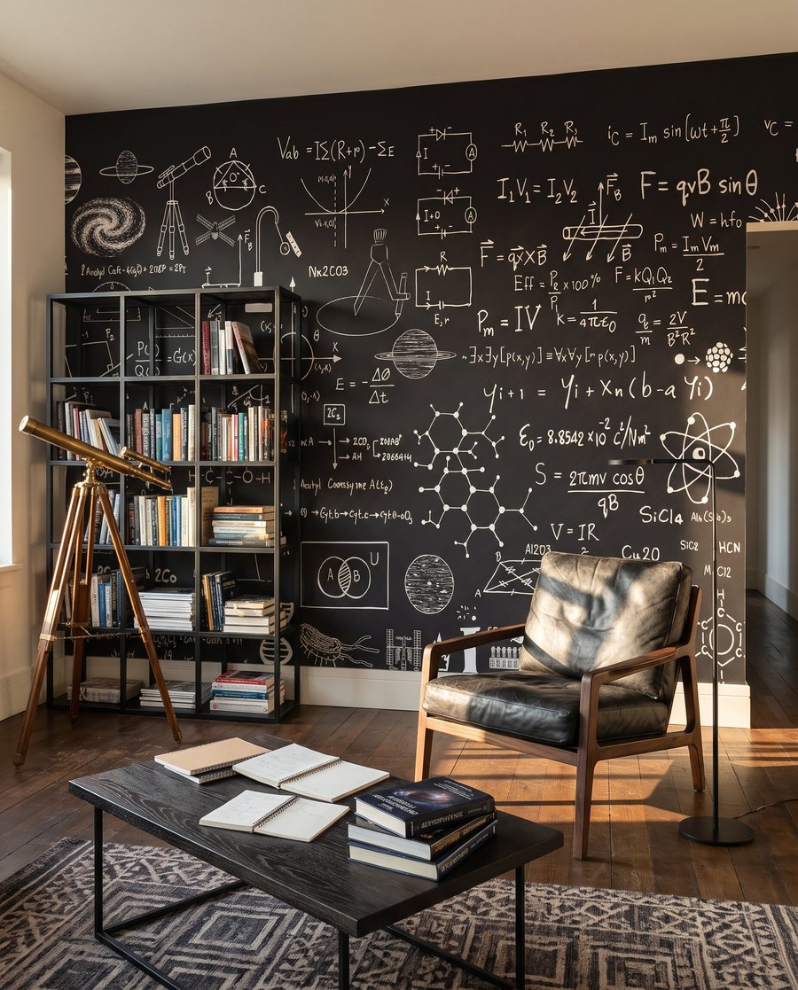 Een krijtbord vol ontdekkingen in een interieur
