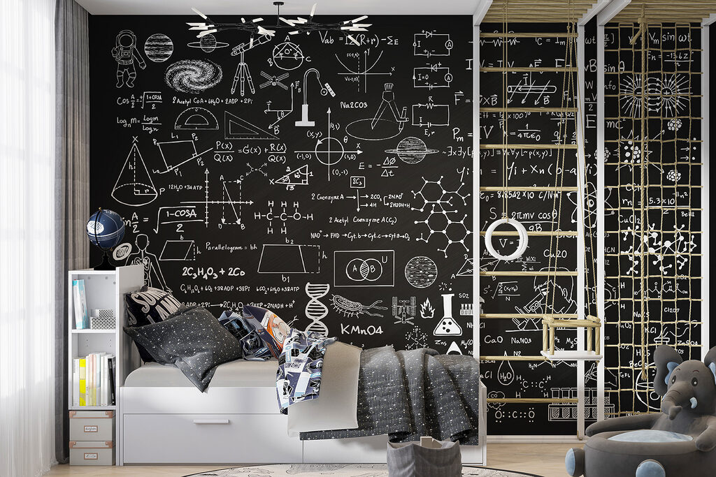 Schoolbord met wiskundesymbolen en -formules — interieur 3
