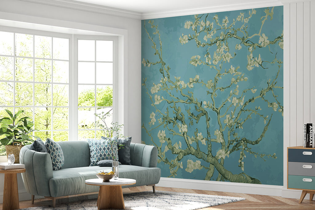 Witte bloesem op oudblauw — interieur 2