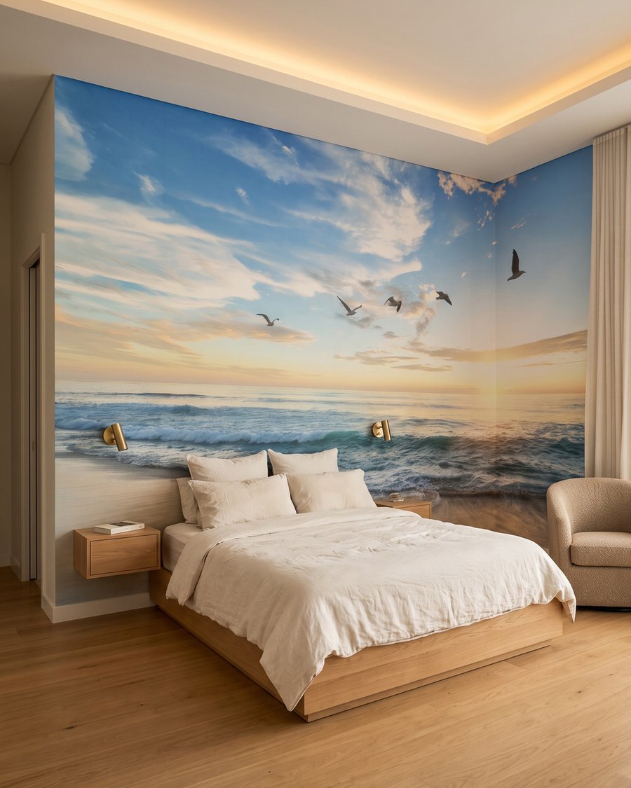 Strand met overvliegende vogels in een interieur