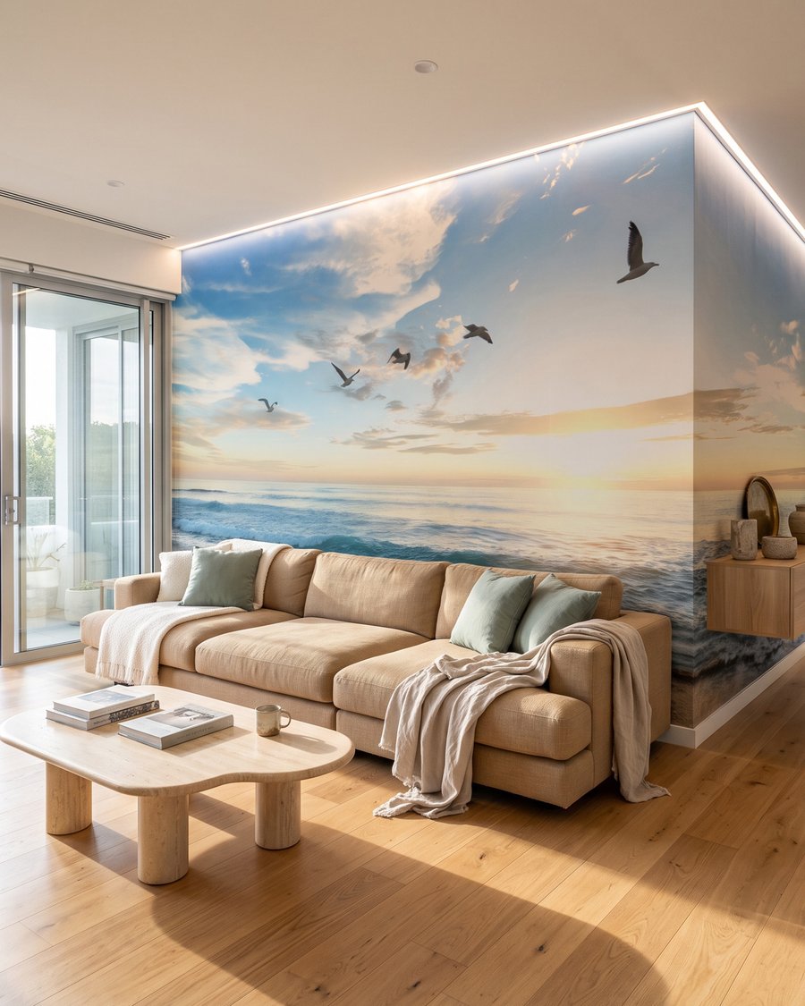 Vogels boven schuimend avondwater — interieur 4