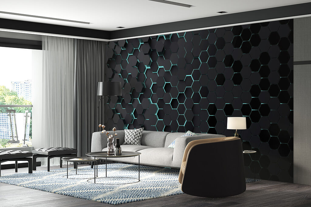 Zwarte zeshoeken met blauwe lichtjes in een interieur