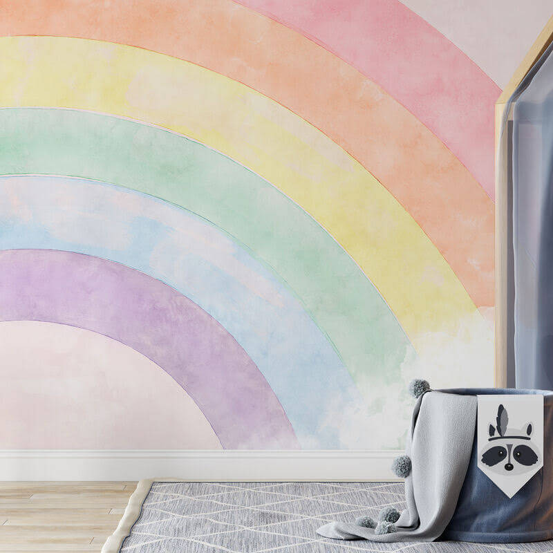 Regenboog met wolken in de lucht in een interieur