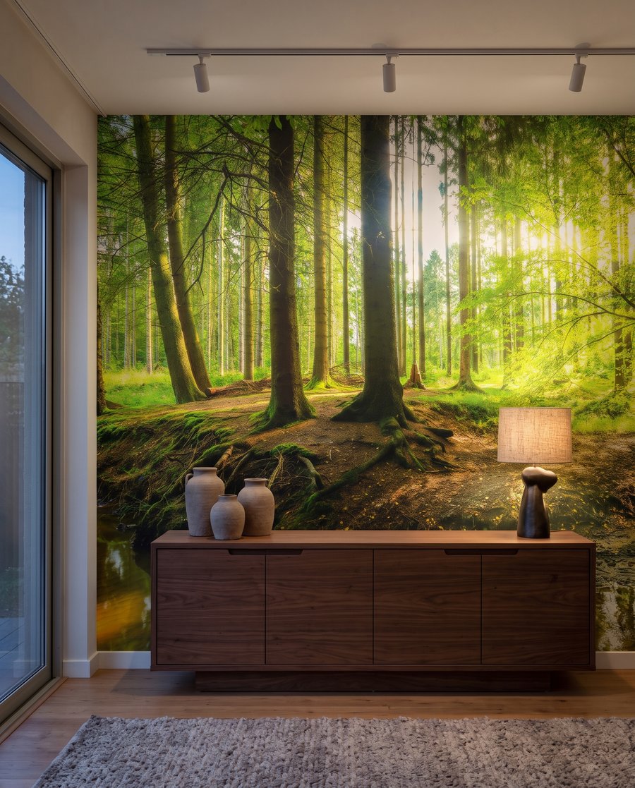 Zonlicht langs een bospoel in een interieur