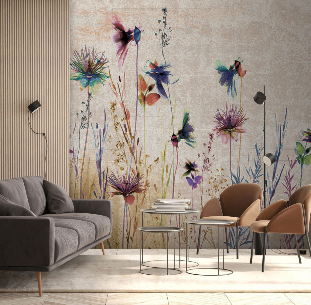 Kleurrijke bloemen in een sereen landschap in een interieur