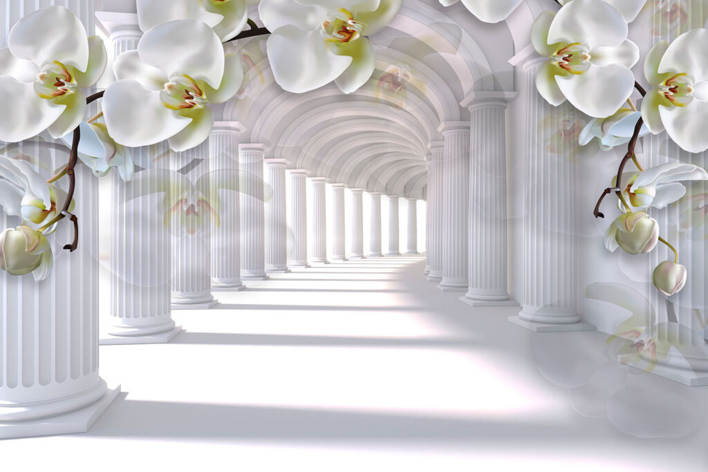 Orchideeën boven witte zuilengang — volledig ontwerp