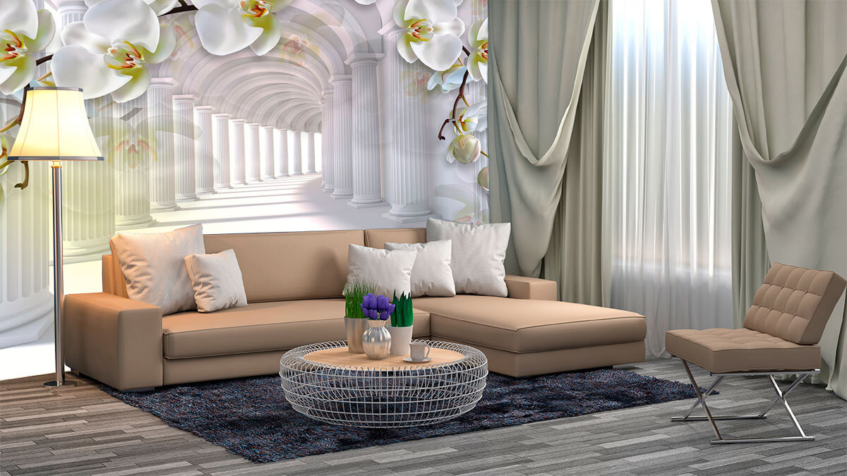 Orchideeën boven witte zuilengang — interieur 1