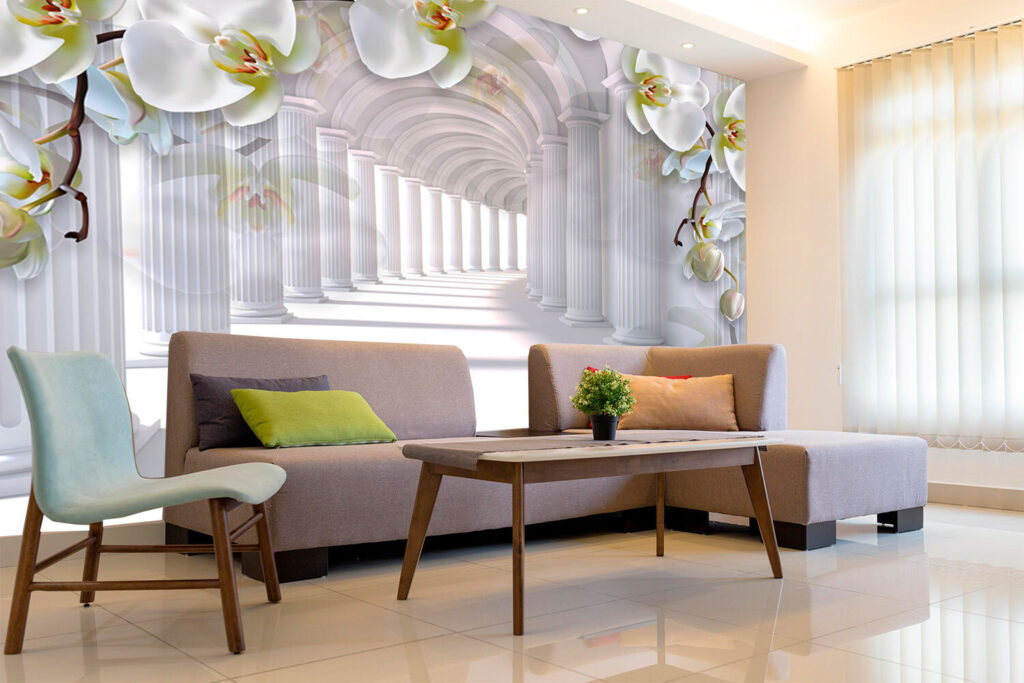 Orchideeën boven witte zuilengang — interieur 3