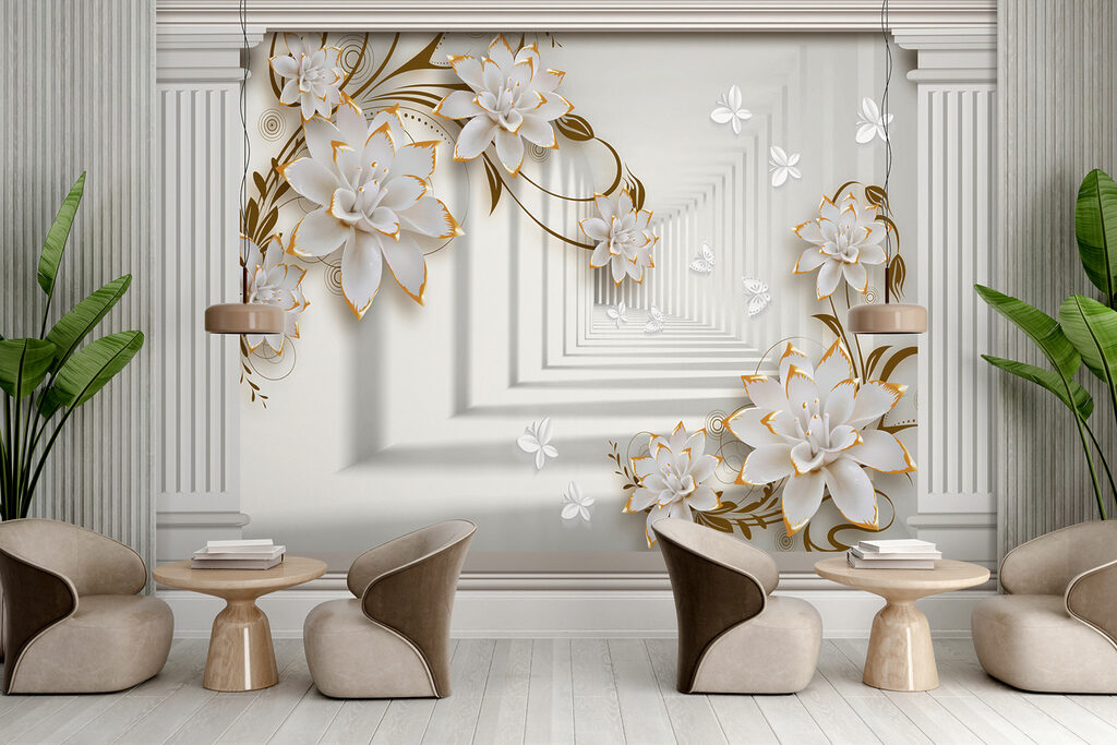 Witte bloemen in zuilenkader — interieur 4