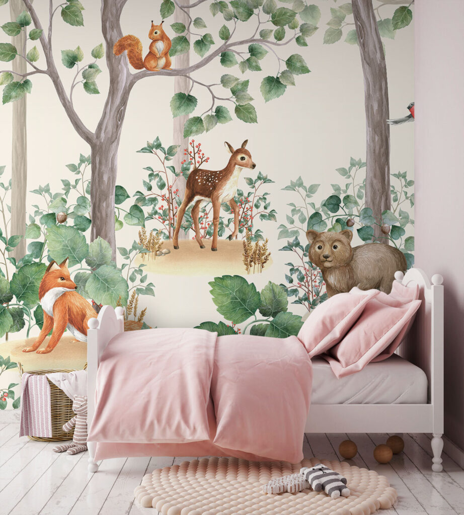 Bosdieren tussen groene boomstammen — interieur 3