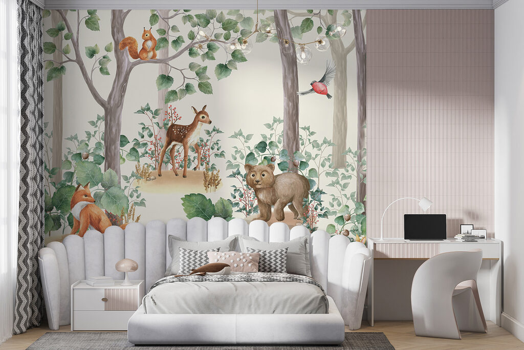 Bosdieren tussen groene boomstammen — interieur 4