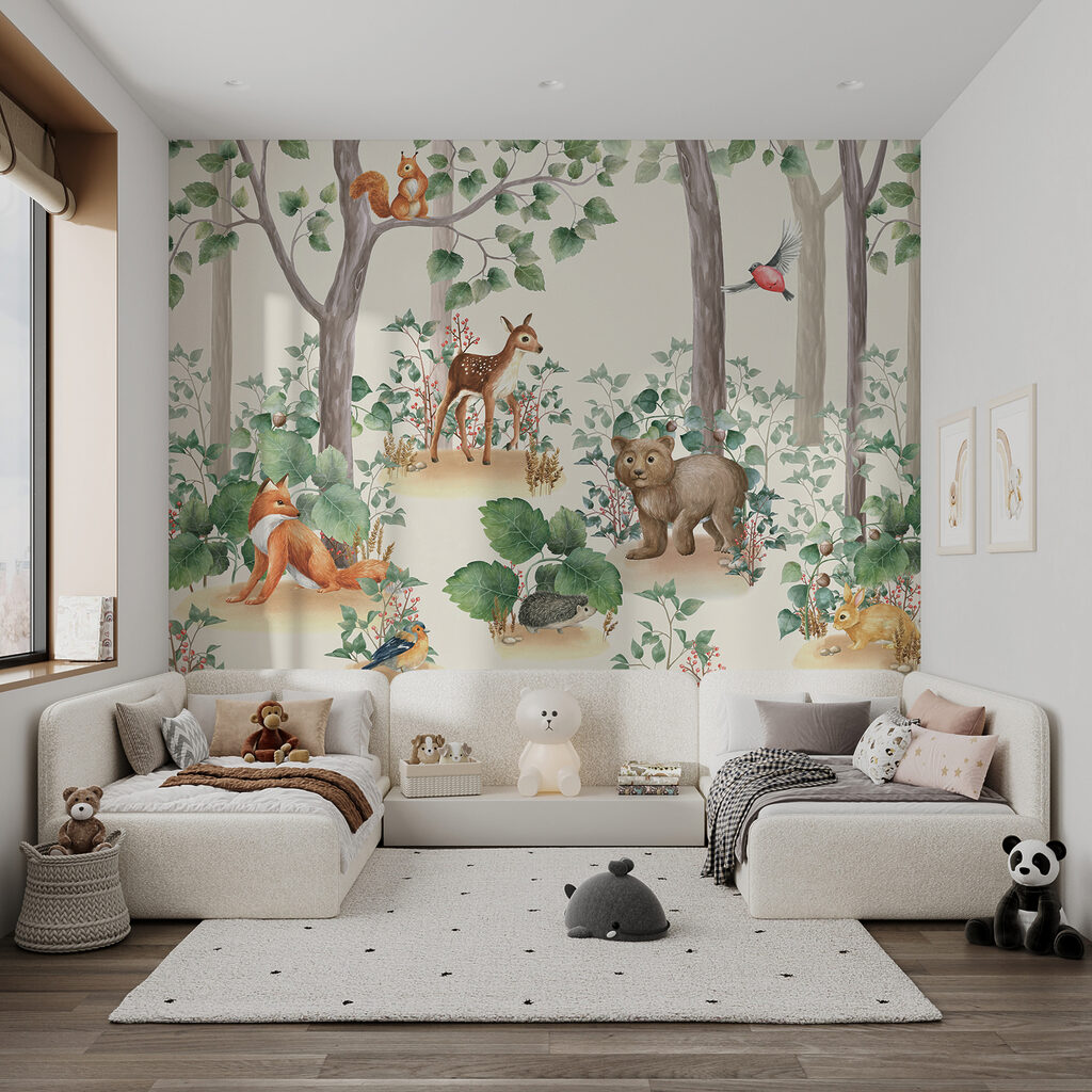 Bosdieren tussen groene boomstammen — interieur 5