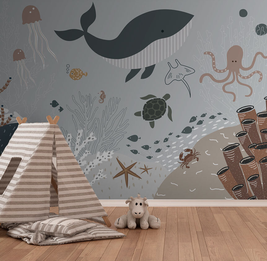 Zeeleven met vissen en zeewier in een interieur
