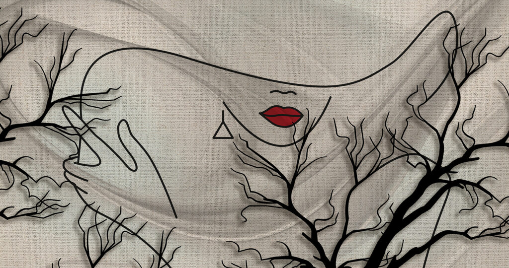 Tekening van een vrouw’s gezicht en een boom — volledig ontwerp