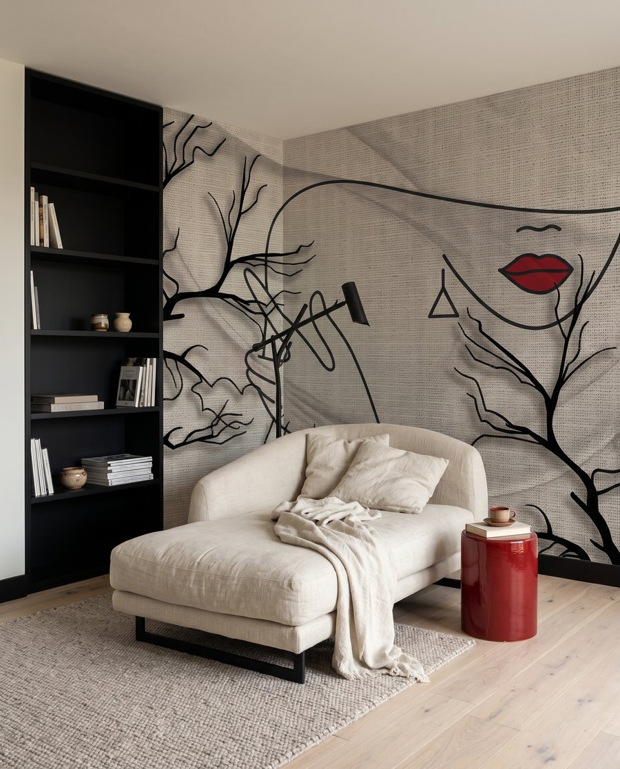 Haar gezicht tussen takken in een interieur