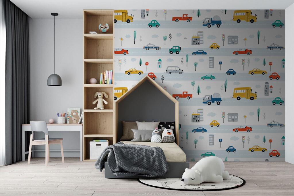 Patroon van auto's en vrachtwagens in een interieur