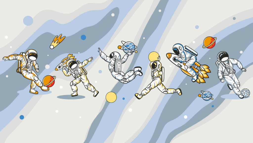 Groep astronauten in de ruimte — volledig ontwerp