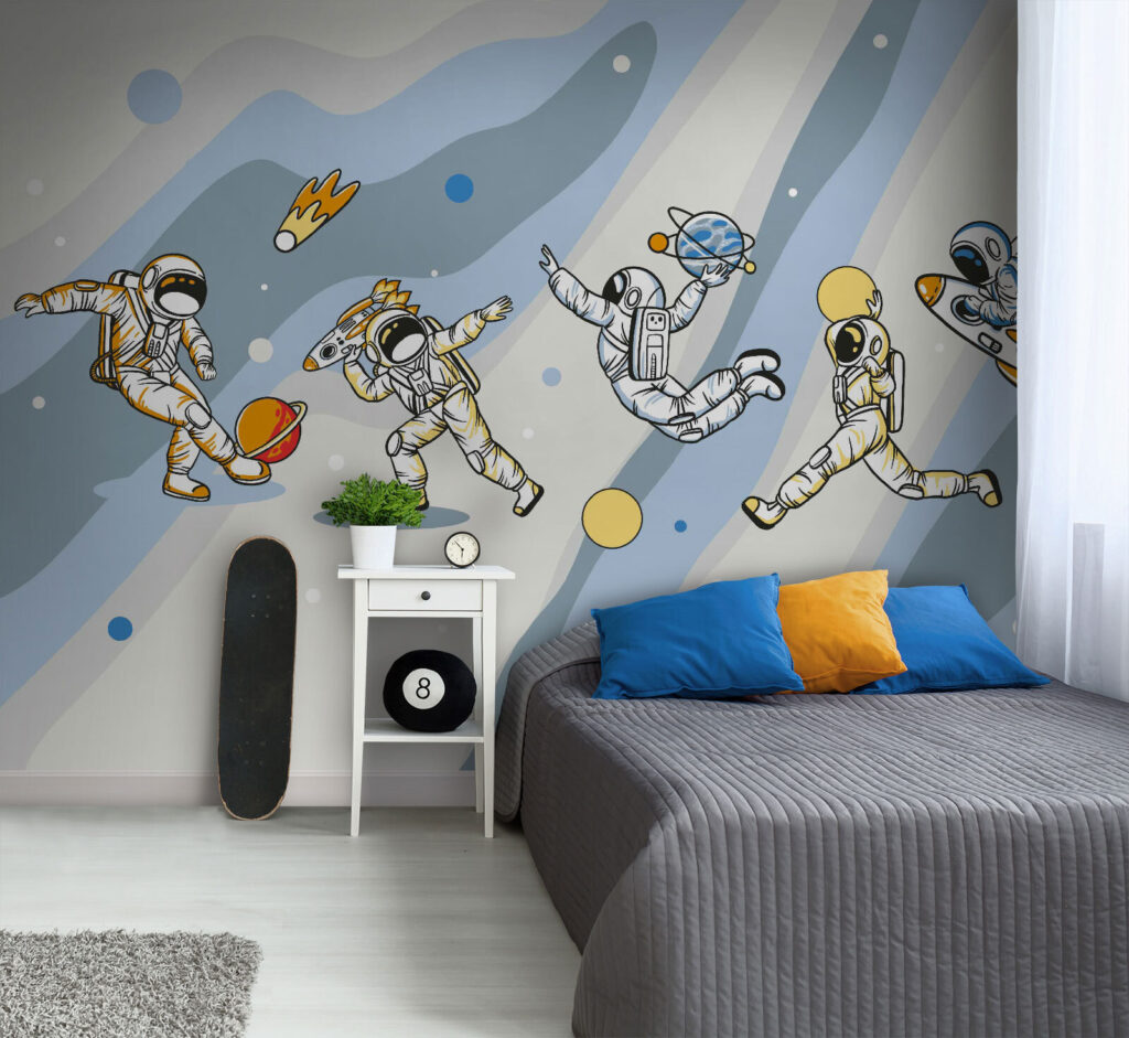 Groep astronauten in de ruimte in een interieur