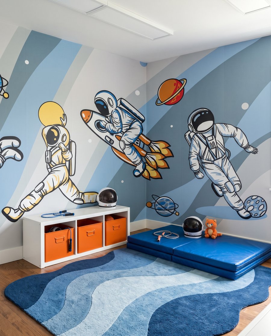 Astronauten spelen tussen kleurbanen in een interieur