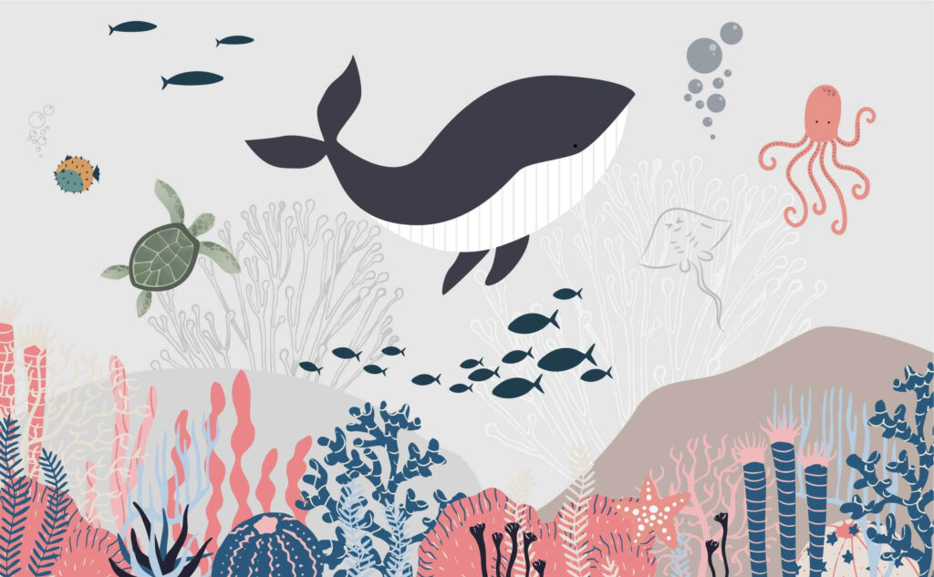 Walvis boven pastelkoralen — volledig ontwerp
