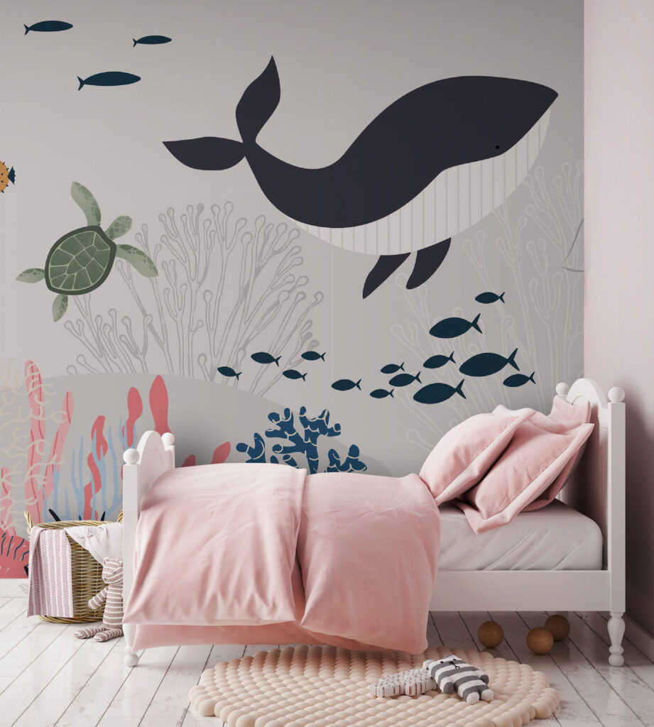 Walvis boven pastelkoralen — interieur 1
