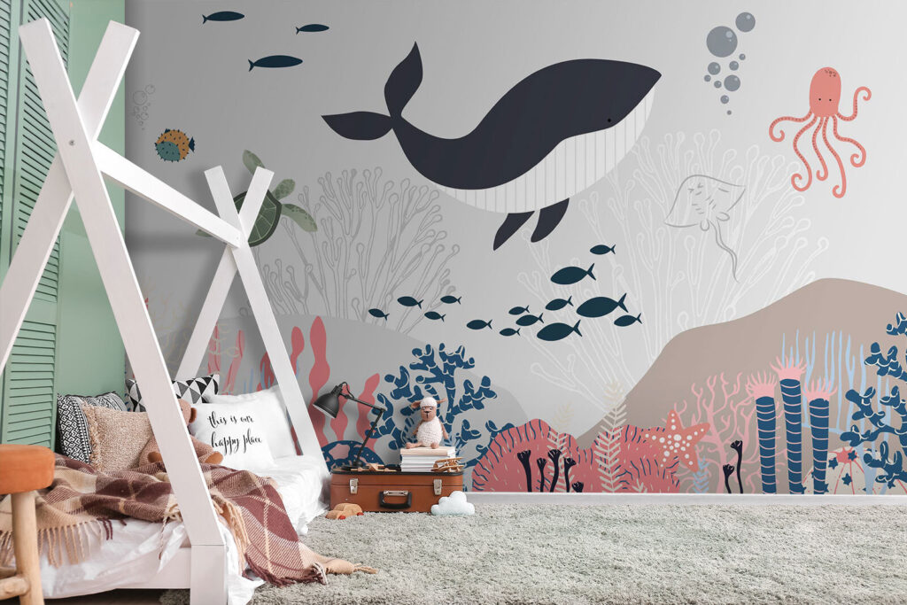 Walvis boven pastelkoralen — interieur 2