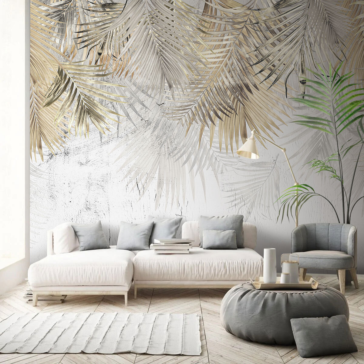 Gouden palmtakken boven wit — interieur 1