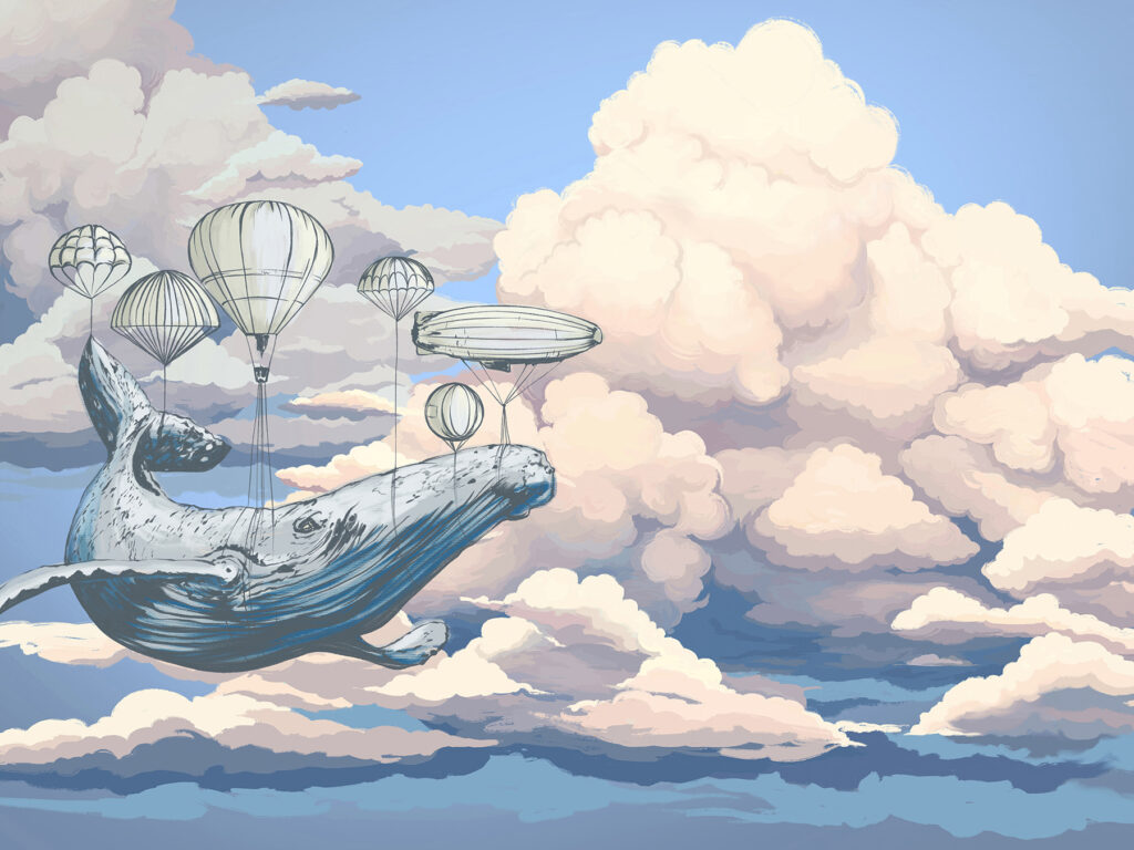 Walvis reist tussen luchtballonnen — volledig ontwerp