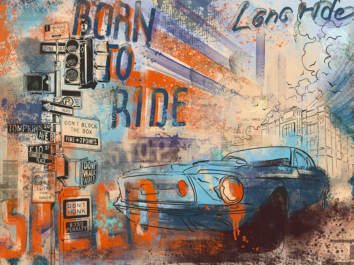 Oldtimer in kleurrijke straatcollage — volledig ontwerp
