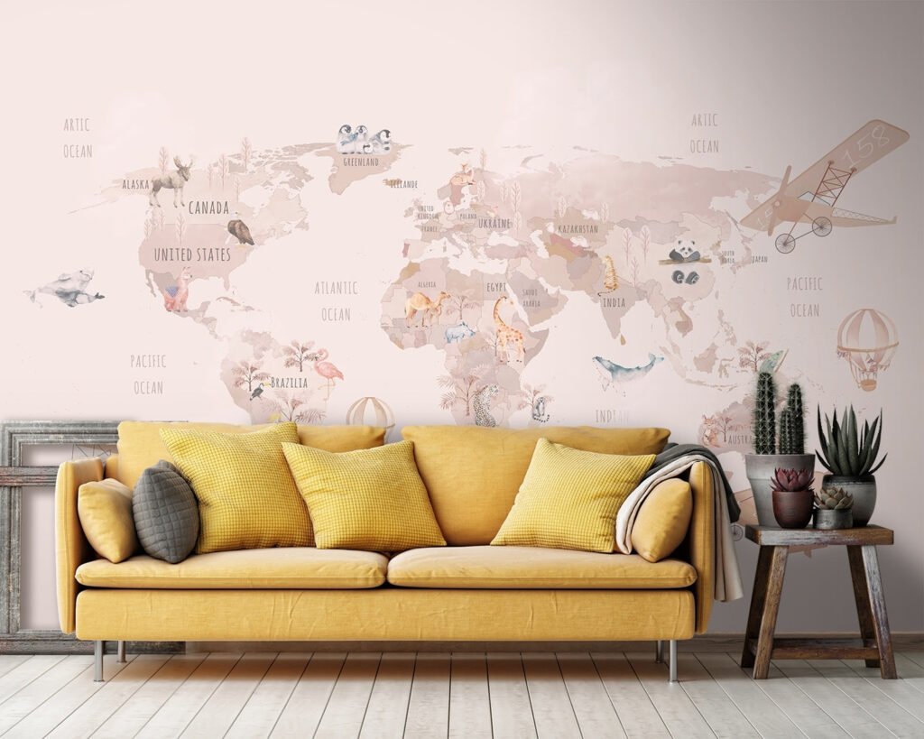 Wereldkaart met vliegtuigen en ijsberen in een interieur