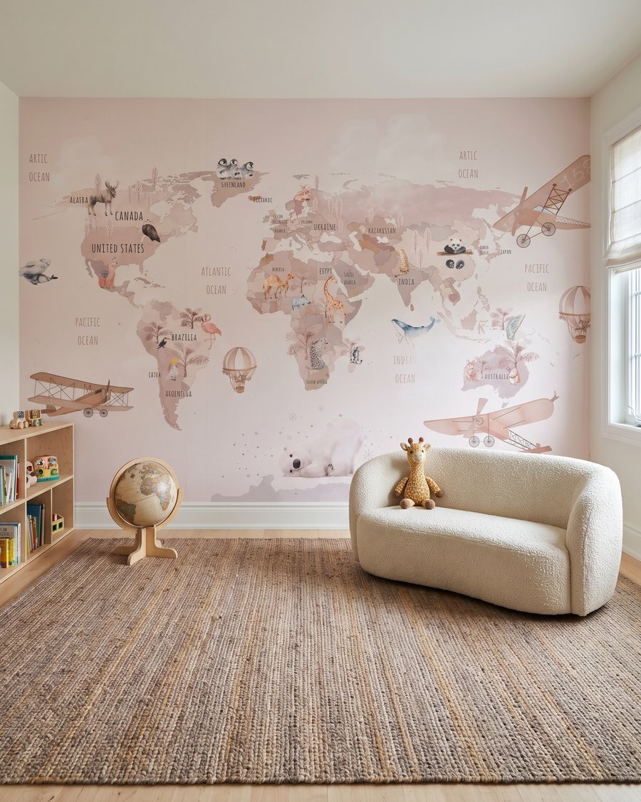 Roze routes over wereldkaarten in een interieur