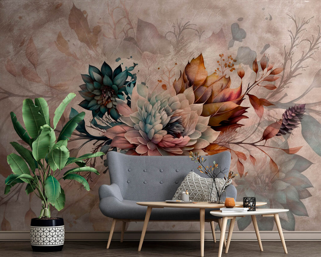 Schilderij van bloemen en bladeren in een interieur
