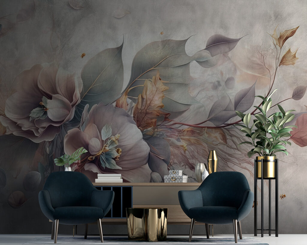 Schilderij van bloemen en bladeren in een interieur