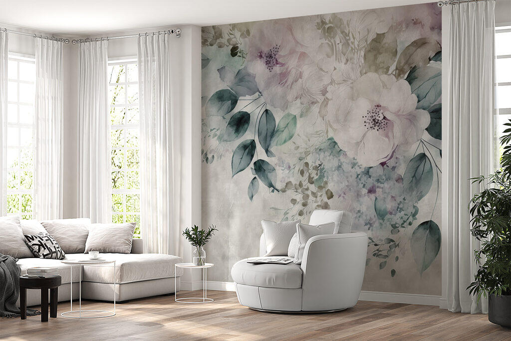 Schilderij van bloemen en bladeren in een interieur
