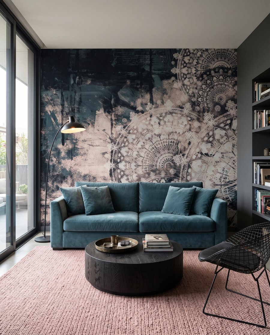Donkere ornamenten op oudroze — interieur 1