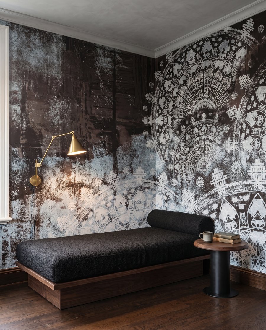 Kantcirkels op ruwe kleursporen in een interieur