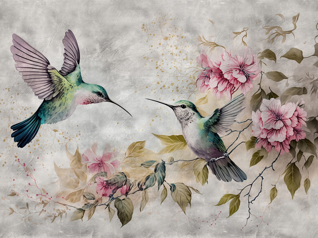 Schilderij van vogels en bloemen — volledig ontwerp