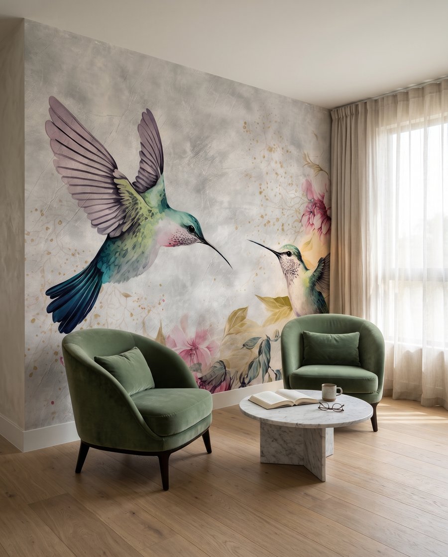 Kolibries naast tere bloemen in een interieur