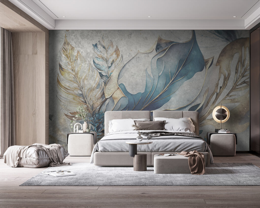 Blauwe bladeren in sierlijnen — interieur 1