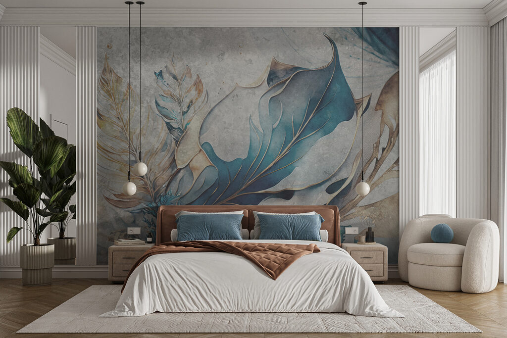 Blauwe bladeren in sierlijnen — interieur 4