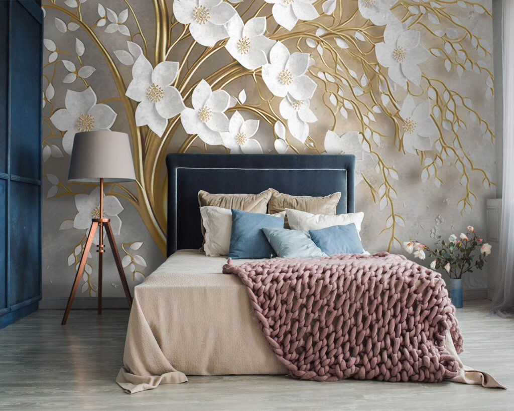 Witte bloesem op goudtakken — interieur 2