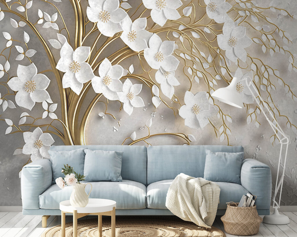 Witte bloesem op goudtakken — interieur 3