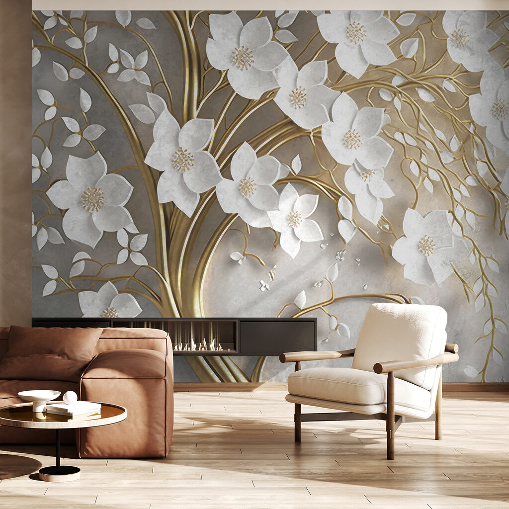 Witte bloesem op goudtakken — interieur 1