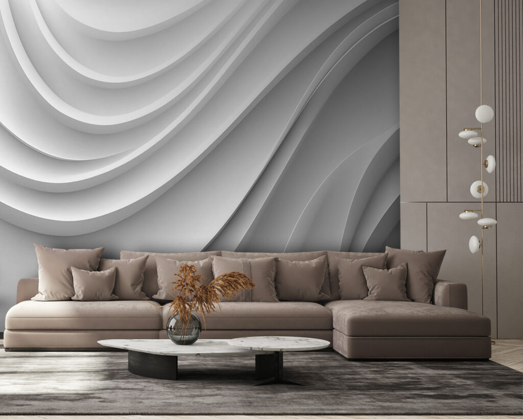 Witte en grijze golvende lijnen in een interieur
