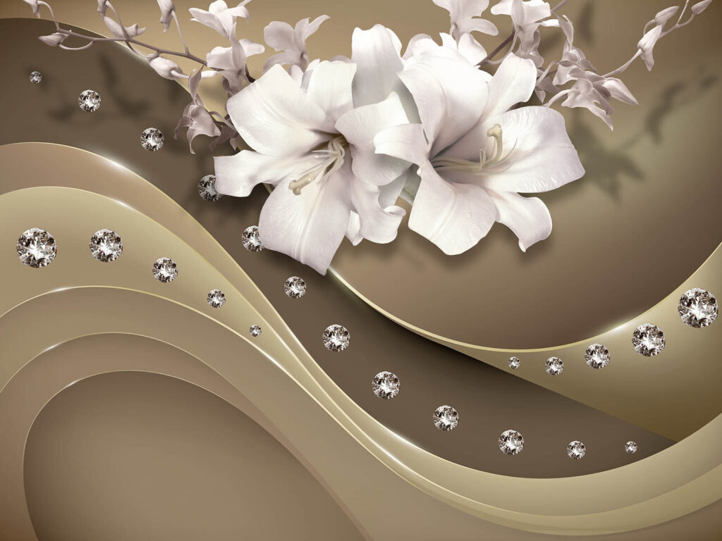 Witte bloemen boven siergolven — volledig ontwerp